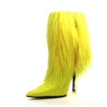 customized logo zip pointed toe yellow short fur fringed patent women ankle heel boot